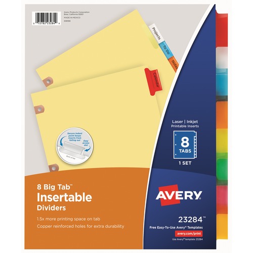 Avery® Big Tab Insertable Dividers, Buff Paper, 8 Multicolor Tabs - 8 x Divider(s) - 8 - 8 Tab(s)/Set - 8.5" Divider Width x 11" Divider Length - 3 Hole Punched - Buff Paper Divider - Multicolor Paper Tab(s) - Recycled - 8 / Set