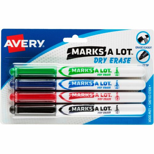 Avery® Pen-Style Dry Erase Markers - Bullet Marker Point Style - Black, Red, Blue, Green - Black, Red, Blue, Green, White Barrel - 4 / Pack