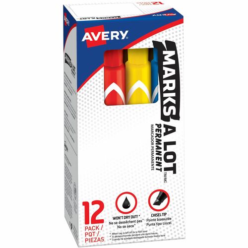 Avery® Marks A Lot Permanent Markers - Large Desk-Style Size - Chisel Marker Point Style - Black, Blue, Orange, Green, Purple, Yellow - 12 / Set