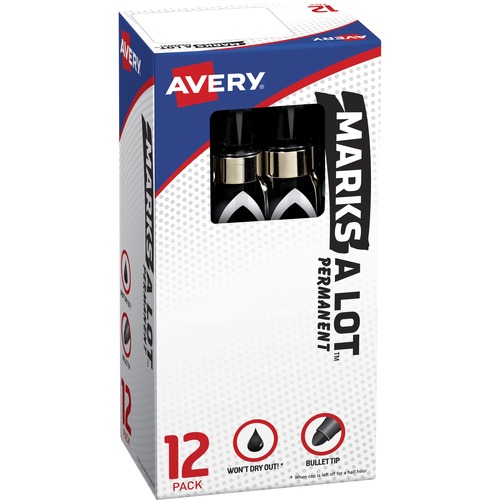 Avery® Marks A Lot Marks-A-Lot Desk-Style Permanent Markers - Bullet Marker Point - Black Ink - Black Barrel - 1 Dozen