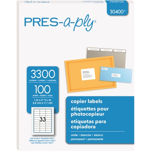 PRES-a-ply Labels for Copiers, 1" x 2-13/16" , Permanent-Adhesive, 33-up, 3300 labels - Permanent Adhesive - Rectangle - White - Paper - 33 / Sheet - 100 Total Sheets - 3300 Total Label(s) - 1 = AVE30400