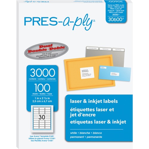 PRES-a-ply Labels - 1" Width x 2 5/8" Length - Permanent Adhesive - Rectangle - Laser, Inkjet - White - 3000 / Box