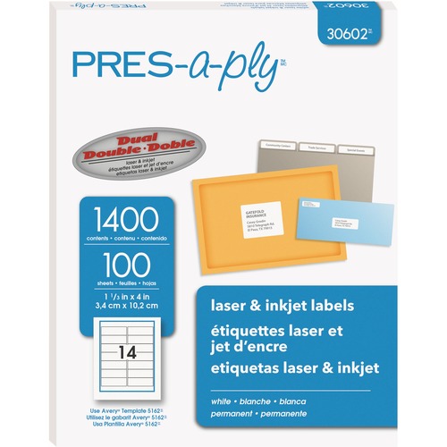 Avery® PRES-a-ply® White Labels, 1-1/3" x 4" , Permanent-Adhesive, 14-up, 1400 labels - Permanent Adhesive - Rectangle - Laser, Inkjet - White - Paper - 14 / Sheet - 100 Total Sheets - 1400 Total Label(s) - 1400 / Box - Mailing & Address Labels - AVE30602