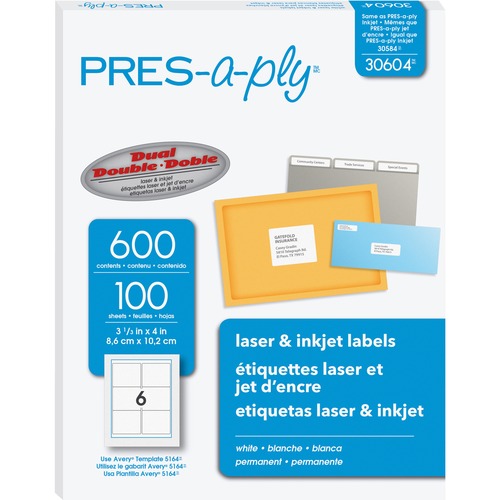 PRES-a-ply White Labels, 3-1/3" x 4" , Permanent-Adhesive, 6-up, 600 labels - Permanent Adhesive - Rectangle - Laser, Inkjet - White - Paper - 6 / Sheet - 100 Total Sheets - 600 Total Label(s) - 600 / Box