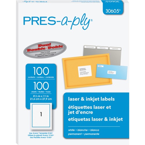 PRES-a-ply Labels - 8 1/2" x 11" Length - Permanent Adhesive - Rectangle - Laser, Inkjet - White - 100 / Box - Mailing & Address Labels - AVE30605