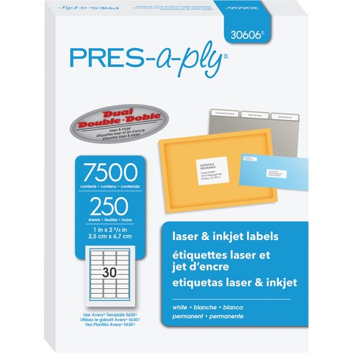PRES-a-ply Labels - 1" Width x 2 5/8" Length - Permanent Adhesive - Rectangle - Laser, Inkjet - White - Paper - 30 / Sheet - 250 Total Sheets - 7500 Total Label(s) - 7500 / Box