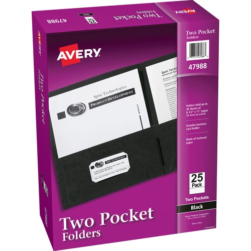 Avery® Letter Pocket Folder - 8 1/2" x 11" - 40 Sheet Capacity - 2 Internal Pocket(s) - Embossed Paper - Black - 25 / Box