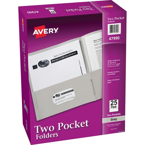 Avery® Letter Pocket Folder - 8 1/2" x 11" - 40 Sheet Capacity - 2 Internal Pocket(s) - Embossed Paper - Gray - 25 / Box