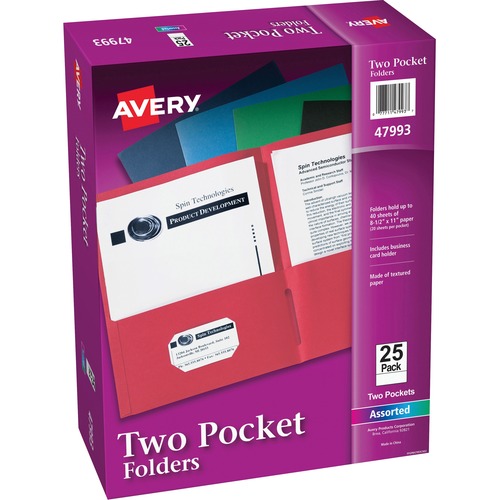 Avery® Letter Pocket Folder - 8 1/2" x 11" - 40 Sheet Capacity - 2 Internal Pocket(s) - Embossed Paper - Assorted - 25 / Box