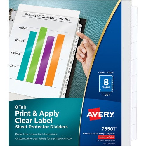 Avery® Print & Apply Sheet Protector Dividers - 8 x Divider(s) - 8 - 8 Tab(s)/Set - 8.5" Divider Width x 11" Divider Length - 3 Hole Punched - Clear Plastic Divider - Clear Plastic Tab(s) - 1