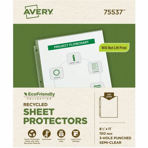 Avery EcoFriendly Economy Sheet Protectors, 100ct (75537) - For Letter 8 1/2" x 11" Sheet - 3 x Holes - Ring Binder - Top Loading - Semi Clear - Polypropylene - 100 / Box