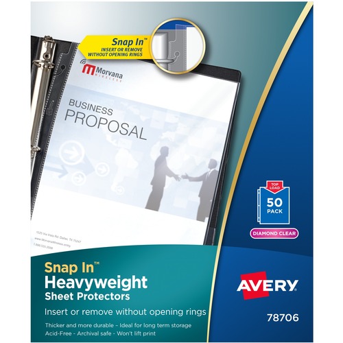 Avery® Diamond Clear Snap-In Sheet Protectors, Acid-Free, 50 Protectors (78706) - For Letter 8 1/2" x 11" Sheet - 3 x Holes - Ring Binder - Top Loading - Diamond Clear - Polypropylene, Plastic - 50 / Box
