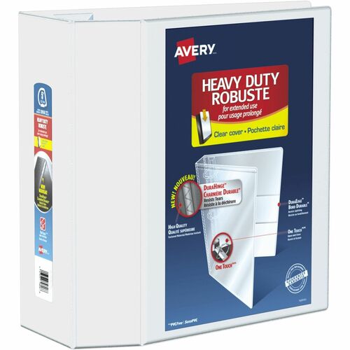 Avery® Heavy-Duty View Binders with Locking One Touch Slant Rings - 5" Binder Capacity - Letter - 8 1/2" x 11" Sheet Size - 1050 Sheet Capacity - 3 x D-Ring Fastener(s) - 4 Internal Pocket(s) - Chipboard, Poly - White - Recycled - Clear Overlay, Locki - Presentation / View Binders - AVE79706
