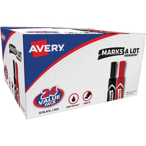 Avery® Permanent Markers - 4.7625 mm Marker Point Size - Chisel Marker Point Style - Red, Black - 24 / Box
