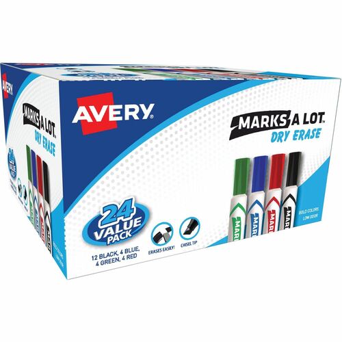 Avery® Marks A Lot Desk-Style Dry-Erase Markers - Chisel Marker Point Style - Black, Blue, Green, Red - 24 / Box