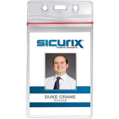 SICURIX Sealable ID Badge Holder - Support 2.62" (66.55 mm) x 3.75" (95.25 mm) Media - Vertical - Vinyl - 50 / Pack - Clear