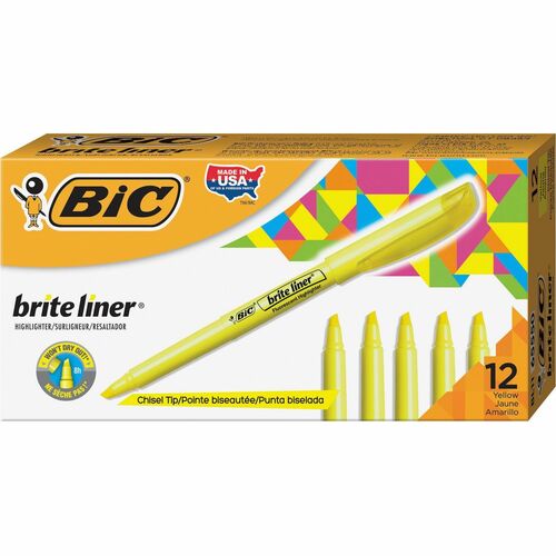 BIC Brite Liner Highlighters - Chisel Marker Point Style - Fluorescent Yellow Water Based Ink - 12 / Dozen