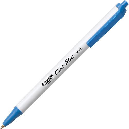 BIC Clic Stic Retractable Ballpoint Pens - Medium Pen Point - Round Pen Point Style - Retractable - Blue - Clear Barrel - 1 Dozen