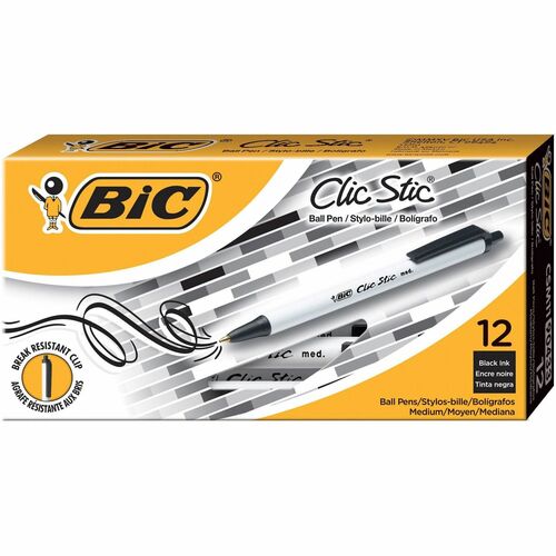 BIC Clic Stic Retractable Ballpoint Pens - Medium Pen Point - Retractable - Black - White Barrel - 12 / Dozen