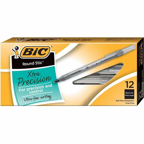 BIC Round Stic Ballpoint Pens - Fine Pen Point - Black - Frost Barrel - 12 / Dozen - Ballpoint Stick Pens - BICGSF11BK