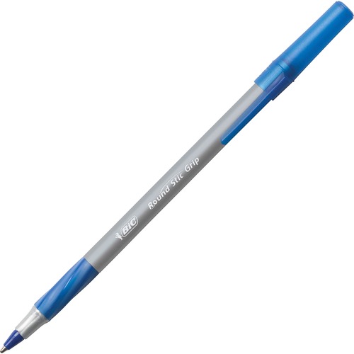 BIC Fine Point Round Stic Pens - Fine Pen Point - Blue - Gray Barrel - 1 Dozen