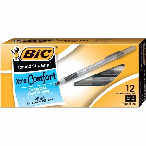 BIC Fine Point Round Stic Pens - Fine Pen Point - Black - Gray Barrel - Ballpoint Stick Pens - BICGSFG11BLK