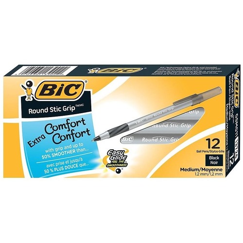 BIC Round Stic Grip Ballpoint Pen - Medium Pen Point - Black - Frost Barrel - 12 / Dozen