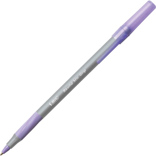 BIC Round Stic Grip Ballpoint Pen - Medium Pen Point - Purple - Frost Barrel - 1 Dozen