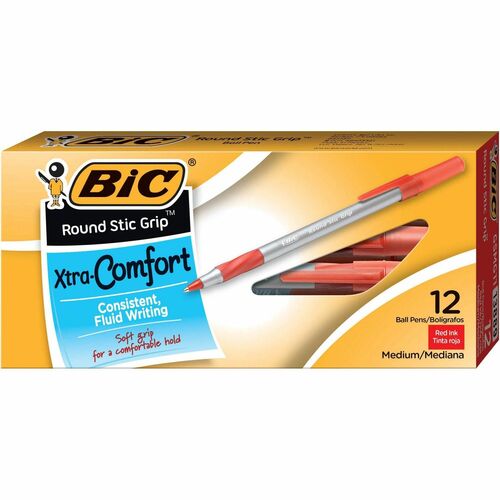 BIC Round Stic Grip Ballpoint Pen - Medium Pen Point - Red - Frost Barrel - 1 Dozen