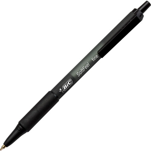 BIC SoftFeel Retractable Ball Pens - Fine Pen Point - Retractable - Black - Black Rubber Barrel - 1 Dozen