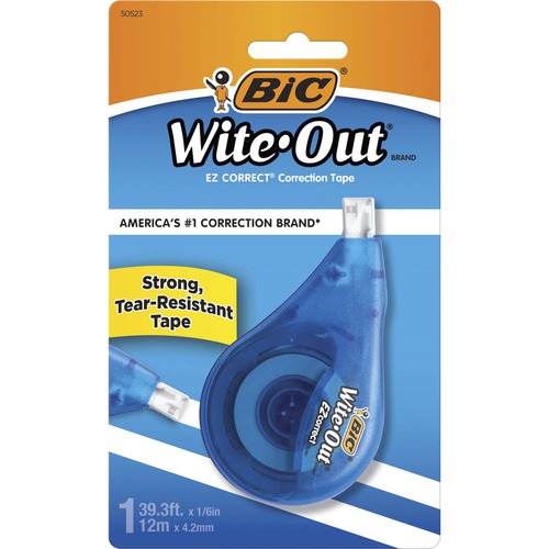 BIC Wite-Out EZ CORRECT Correction Tape - 0.20" Width x 39.40 ft Length - 1 Line(s) - White Tape - Ergonomic White Dispenser - Tear Resistant, Photo-safe, Odorless - 1 Each - White