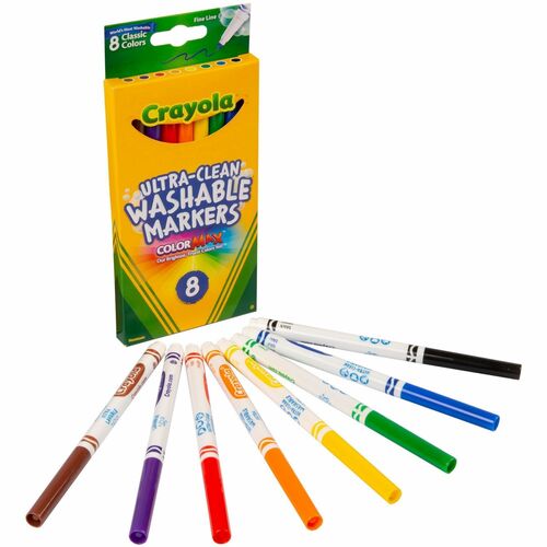 Crayola Thinline Washable Markers - Fine Marker Point - Red, Orange, Yellow, Green, Blue, Violet, Brown, Black Water Based Ink - 8 / Set