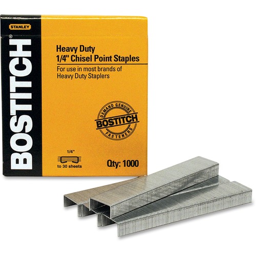 Bostitch Heavy-duty Premium Staples - 100 Per Strip - Heavy Duty - 1/4" Leg - 1/2" Crown - Holds 25 Sheet(s) - Chisel Point - High Carbon Steel - 2.94" (74.68 mm) Height x 2.69" (68.33 mm) Width0.31" (7.87 mm) Length - 1000 / Box - Staples - BOSSB35141M
