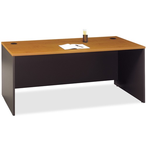 Bush Business Furniture Series C72W Desk Shell in Natural Cherry - 29.8" Height x 71" Width x 29.4" Depth x 1" Thickness - Material: Melamine, Pressboard - Finish: Graphite, Natural Cherry - Scratch Resistant, Stain Resistant, Abrasion Resistant, Grommet,