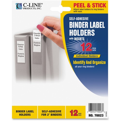 C-Line Self-Adhesive Binder Labels - 1.75" (44.45 mm) x 2.75" (69.85 mm) - Vinyl - 12 / Pack - Clear - Label Holders - CLI70023