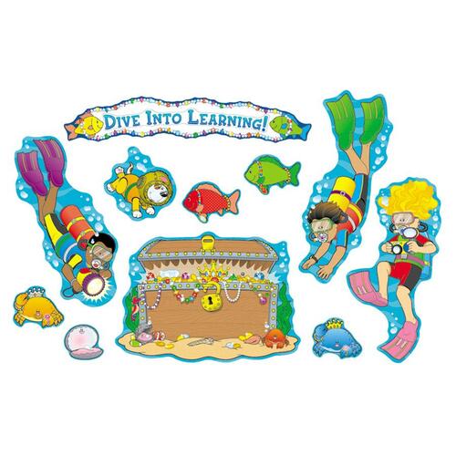 Carson Dellosa Education Dive Into Learning Bulletin Board Set - 1 x Treasure Chest, 4 x Divers, Jeweled Fish Blank Header Shape - Glue, Pin-up - Multicolor - Card Stock - 1 Each