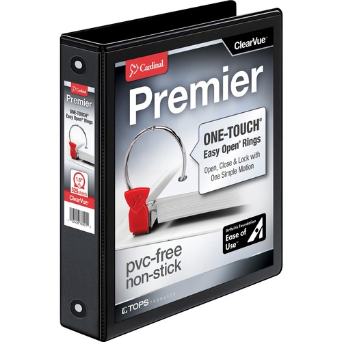 Cardinal EasyOpen ClearVue Locking Round Ring Binder - 1 1/2" Binder Capacity - Letter - 8 1/2" x 11" Sheet Size - 325 Sheet Capacity - 1 3/5" Spine Width - 3 x Round Ring Fastener(s) - 2 Inside Front & Back Pocket(s) - Vinyl - Black - 1.06 lb - Locking M