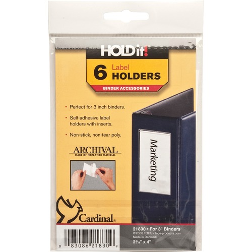 Cardinal HOLDit! Self-Adhesive Label Holders - 2.19" (55.56 mm) x 4" (101.60 mm) x - 6 / Pack - Clear - Label Holders - CRD21830