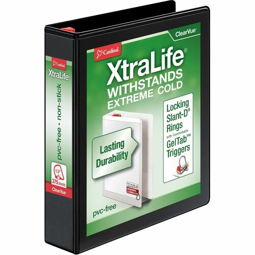 Cardinal Xtralife ClearVue Locking Slant-D Binders - 1 1/2" Binder Capacity - Letter - 8 1/2" x 11" Sheet Size - 375 Sheet Capacity - 1 3/5" Spine Width - 3 x D-Ring Fastener(s) - 2 Inside Front & Back Pocket(s) - Polyolefin - Black - 476.3 g - Non-stick, = CRD26311