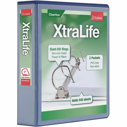 Cardinal Xtralife ClearVue Locking Slant-D Binders - 2" Binder Capacity - Letter - 8 1/2" x 11" Sheet Size - 540 Sheet Capacity - 2 1/2" Spine Width - 3 x D-Ring Fastener(s) - 2 Inside Front & Back Pocket(s) - Polyolefin - Blue - 567 g - Non-stick, Lockin