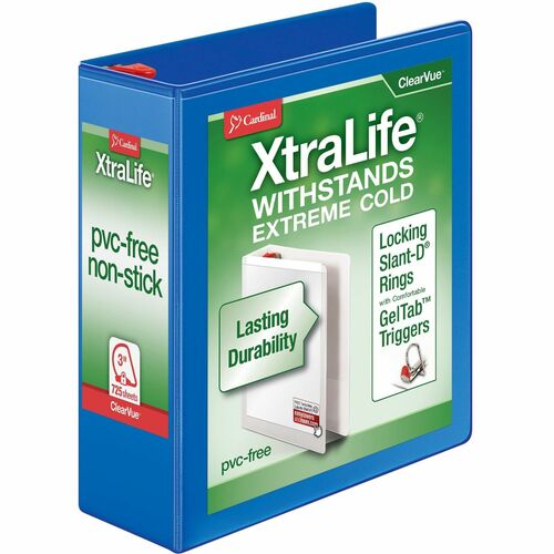 Cardinal Xtralife ClearVue Locking Slant-D Binders - 3" Binder Capacity - Letter - 8 1/2" x 11" Sheet Size - 725 Sheet Capacity - 2 29/32" Spine Width - 3 x D-Ring Fastener(s) - 2 Inside Front & Back Pocket(s) - Polyolefin - Blue - 725.7 g - Non-stick, Lo