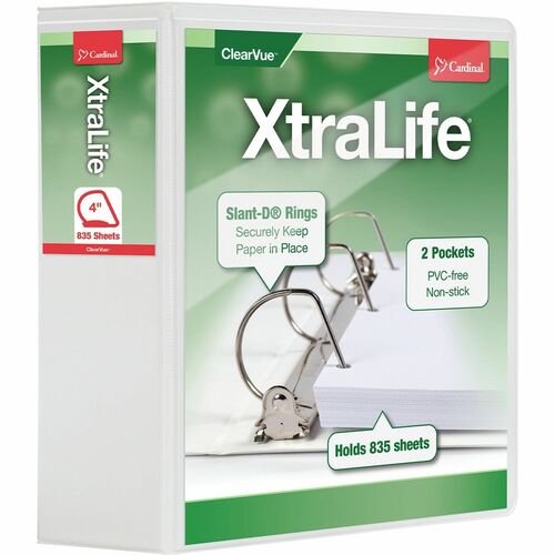 Cardinal Xtralife ClearVue Locking Slant-D Binders - 4" Binder Capacity - Letter - 8 1/2" x 11" Sheet Size - 890 Sheet Capacity - 3 3/5" Spine Width - 3 x D-Ring Fastener(s) - 2 Inside Front & Back Pocket(s) - Polyolefin - White - 816.5 g - Non-stick, Loc - Presentation / View Binders - CRD26340