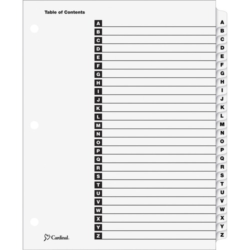 Cardinal A-Z OneStep Index System - 26 x Divider(s) - Printed Tab(s) - Character - A-Z - 26 Tab(s)/Set - 9" Divider Width x 11" Divider Length - Letter - 8.50" Width x 11" Length - 3 Hole Punched - White Divider - White Mylar Tab(s) - Reinforced Tab, Rein