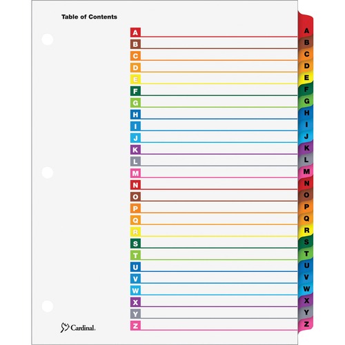 Cardinal A-Z OneStep Index System - 26 x Divider(s) - Printed Tab(s) - Character - A-Z - 26 Tab(s)/Set - 9" Divider Width x 11" Divider Length - Letter - 8.50" Width x 11" Length - 3 Hole Punched - White Divider - Multicolor Mylar Tab(s) - Reinforced Tab,