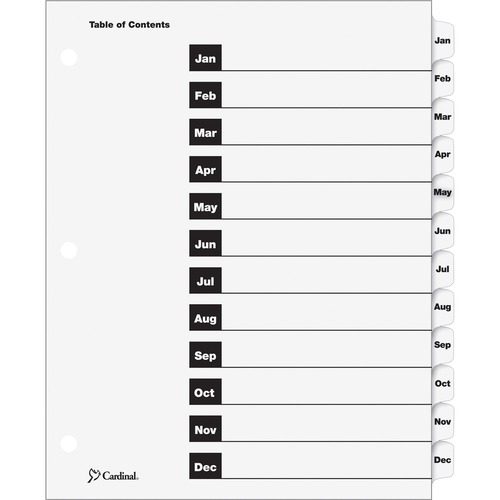 Cardinal OneStep Monthly Index System - 12 x Divider(s) - Printed Tab(s) - Month - Jan-Dec - 12 Tab(s)/Set - 9" Divider Width x 11" Divider Length - Letter - 8.50" Width x 11" Length - 3 Hole Punched - White Divider - White Mylar Tab(s) - Reinforced Tab, 