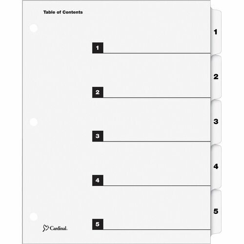 Cardinal OneStep Numbered Index System - 5 x Divider(s) - Printed Tab(s) - Digit - 1-5 - 5 Tab(s)/Set - 9" Divider Width x 11" Divider Length - Letter - 8.50" Width x 11" Length - 3 Hole Punched - White Divider - White Mylar Tab(s) - Reinforced Tab, Reinf