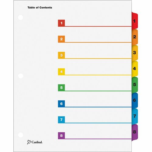 Cardinal OneStep Index System - 8 x Divider(s) - Printed Tab(s) - Digit - 1-8 - 8 Tab(s)/Set - 9" Divider Width x 11" Divider Length - Letter - 8.50" Width x 11" Length - 3 Hole Punched - White Paper Divider - Multicolor Mylar Tab(s) - Reinforced Tab, Rei