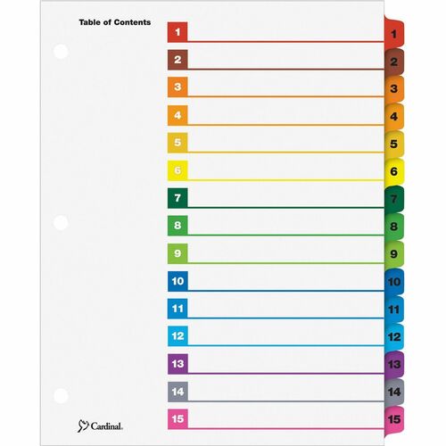 Cardinal OneStep Index System - 15 x Divider(s) - Printed Tab(s) - Digit - 1-15 - 15 Tab(s)/Set - 9" Divider Width x 11" Divider Length - Letter - 8.50" Width x 11" Length - 3 Hole Punched - White Paper Divider - Multicolor Mylar Tab(s) - Reinforced Tab, 