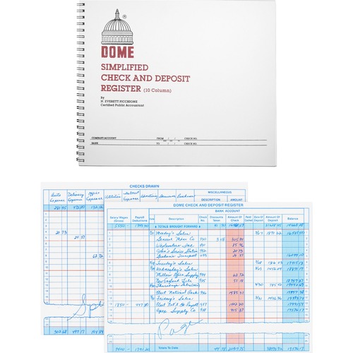 Dome Check And Deposit Register - 50 Sheet(s) - Wire Bound - 10.25" x 8.50" Sheet Size - 10 Columns per Sheet - Gray - Gray Cover - Recycled - 1 Each