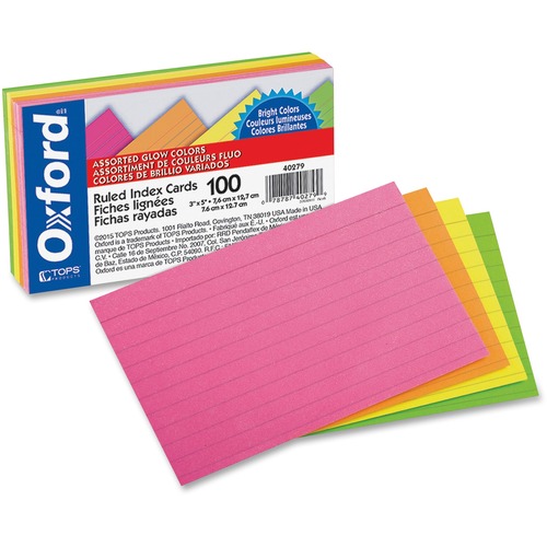 Oxford Neon Index Cards - 3" x 5" - 100 / Pack - Sustainable Forestry Initiative (SFI) - Orange, Yellow, Pink, Orange